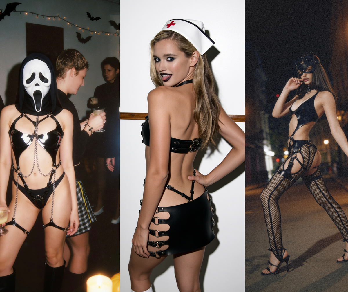 Leather Halloween costume ideas with black harnesses, bodysuits and statement lingerie