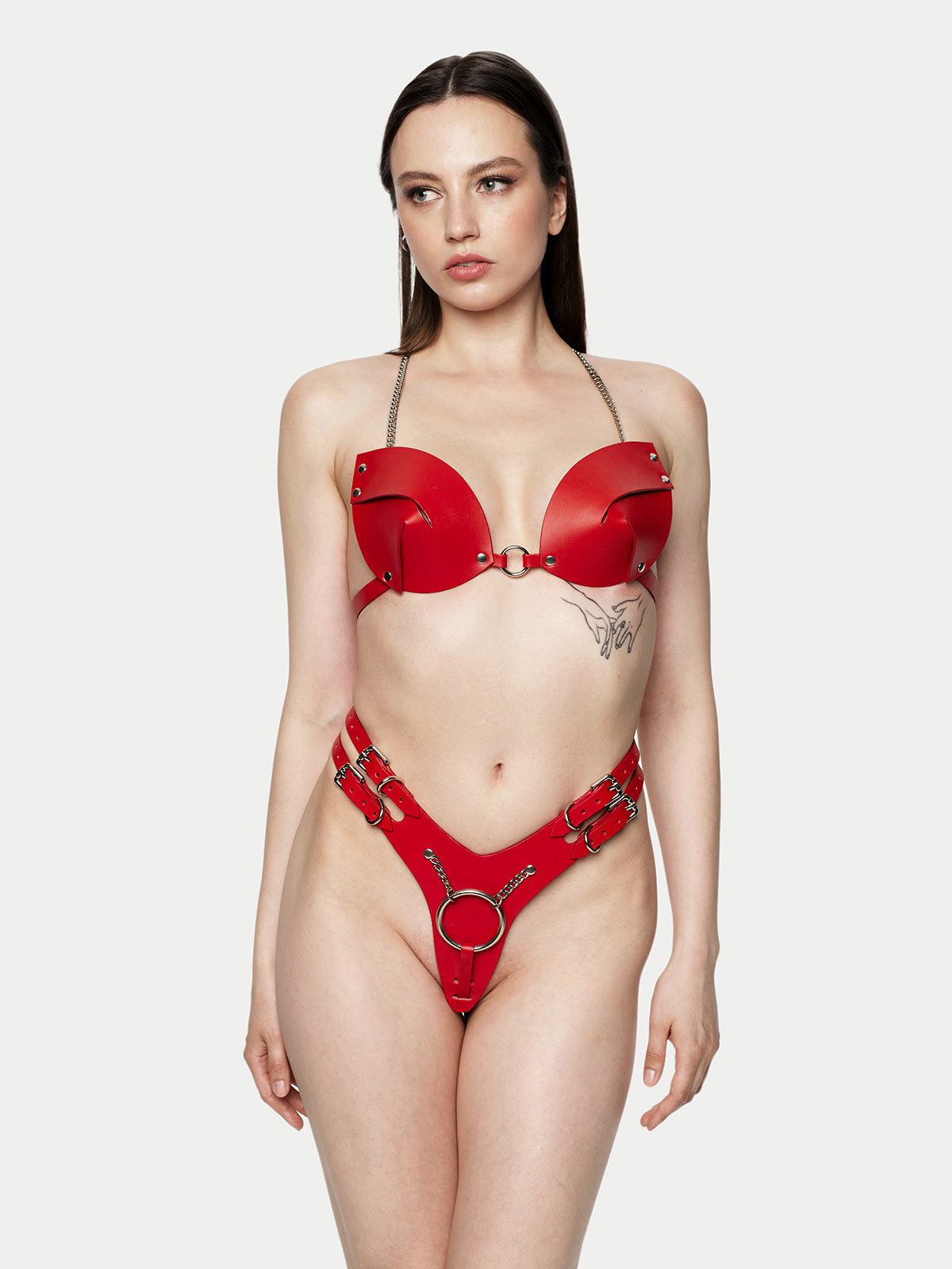 Bonny Leather Garters and Bra Set in Red