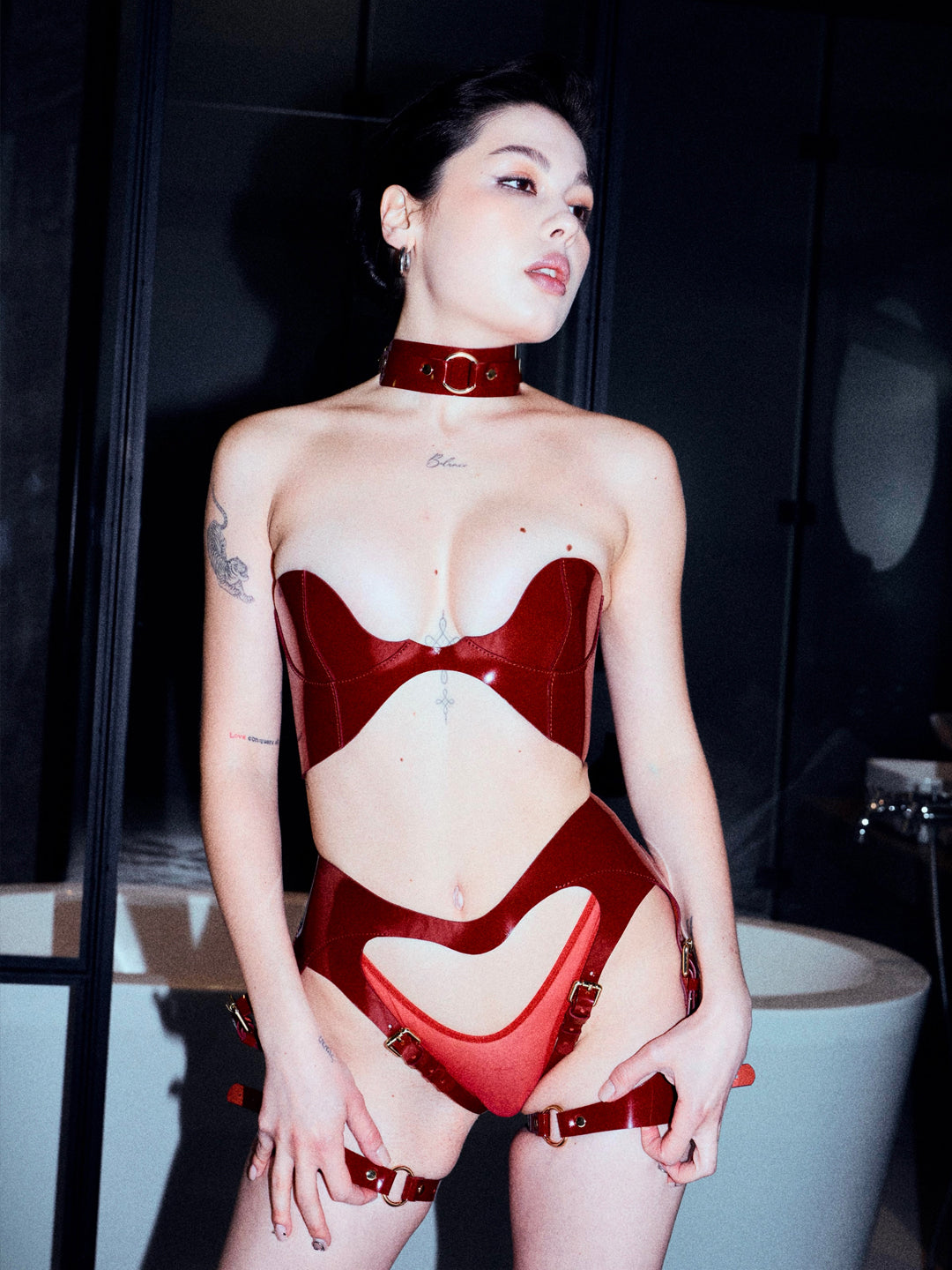 Feel Me Leather Bra and Garters Set in Cherry Red