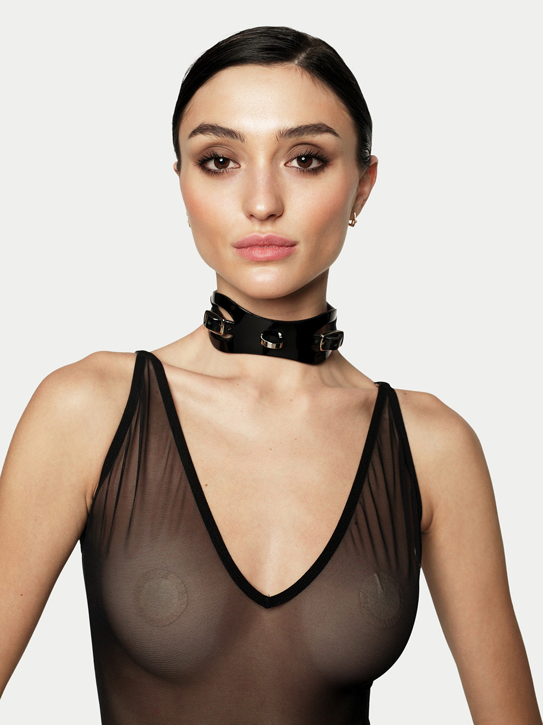 Cora Leather Choker in Patent Black